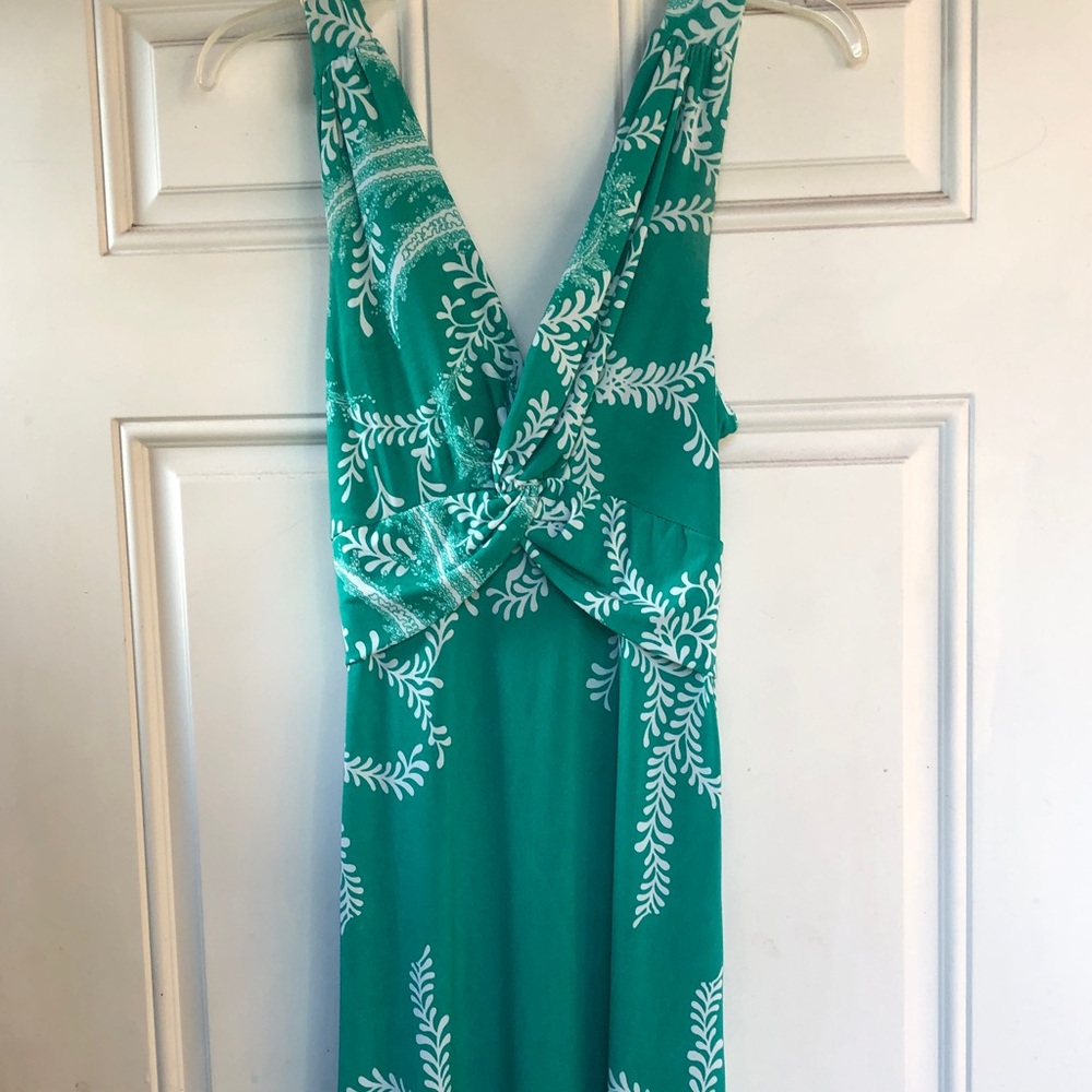 Sleeveless Teal Twist-Front Maxi Dress with White Print